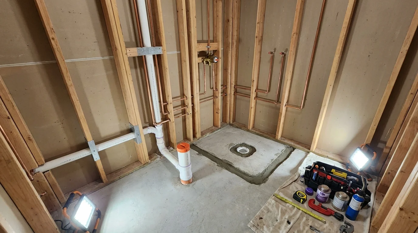 Bathroom rough-in plumbing during remodel by Johns Plumbing LLC in Devine