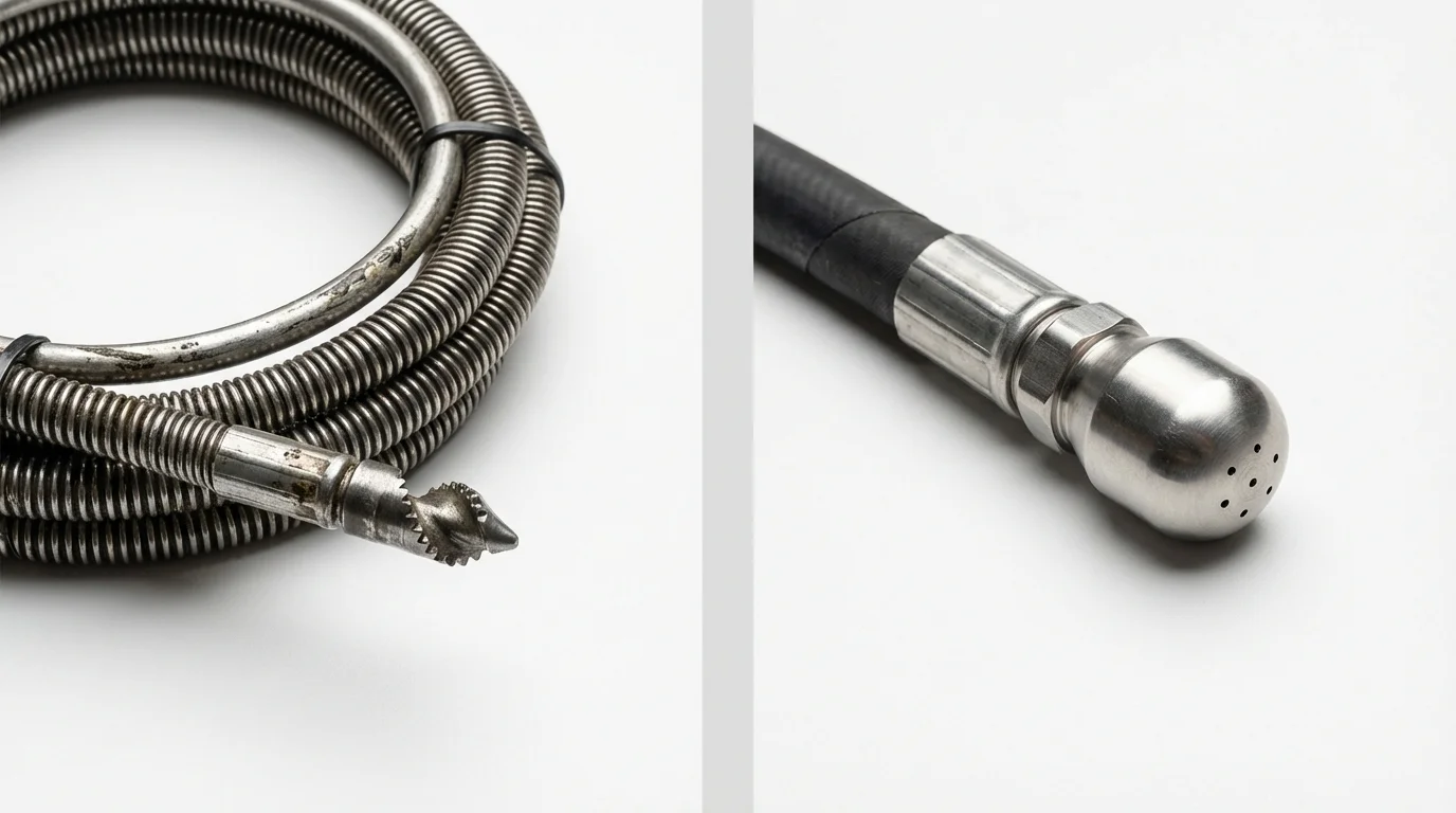 Drain snake cable and hydro jetting nozzle used for drain cleaning in Devine, TX