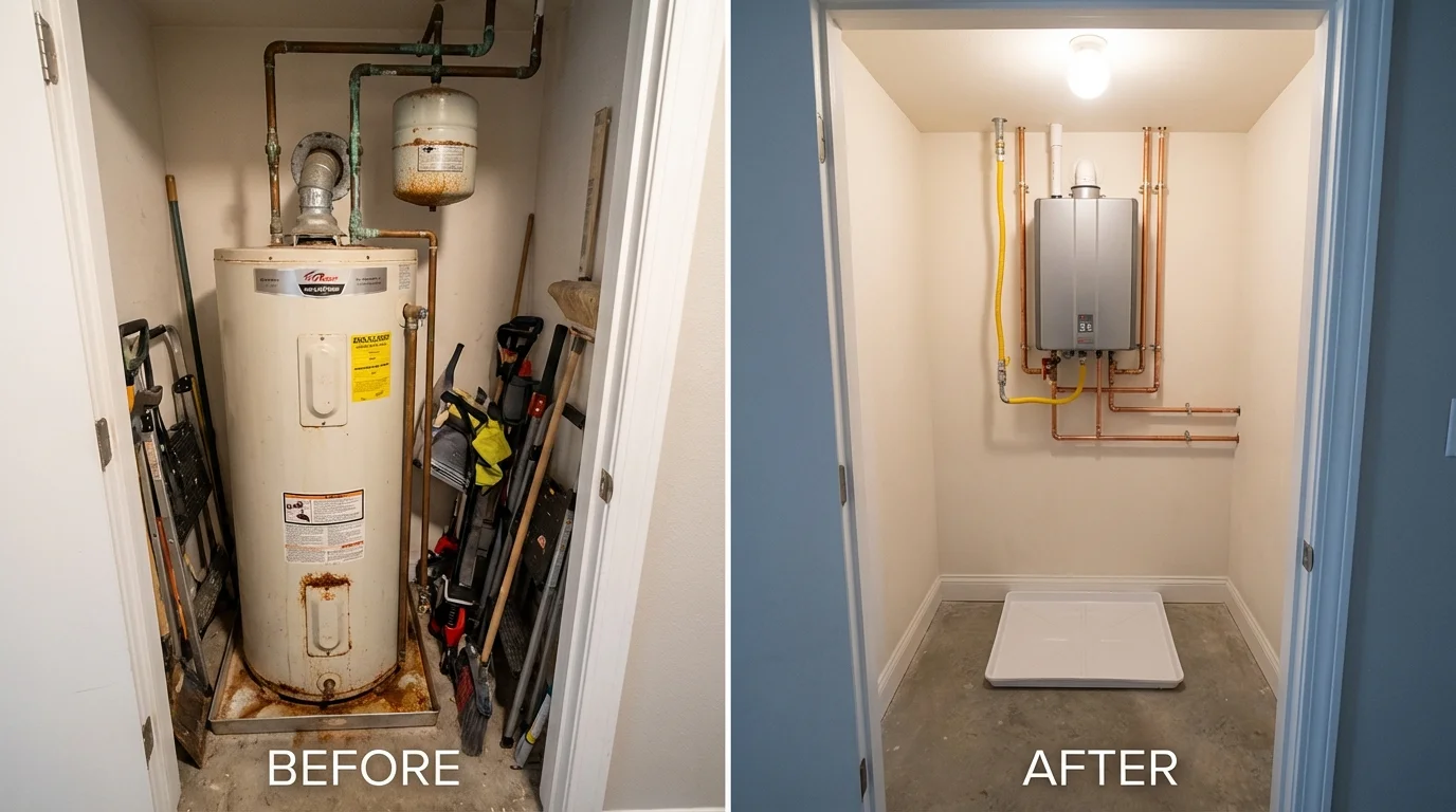 Tank water heater versus wall-mounted tankless unit comparison for Devine, TX homeowners