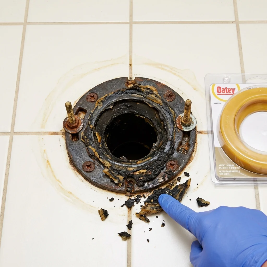 Failed wax ring showing water seepage at the base of a toilet in a Devine, TX home