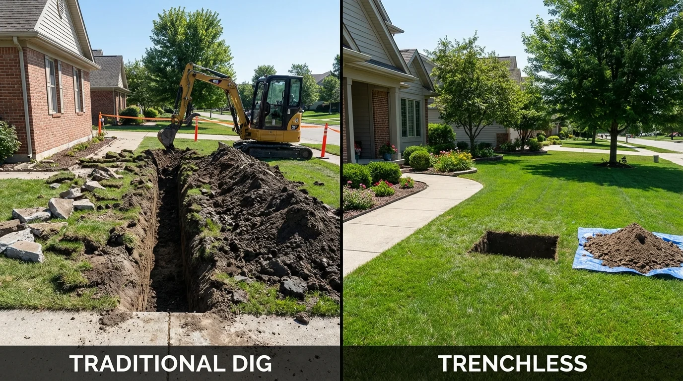 Trenchless sewer repair with minimal yard damage versus traditional excavation in Devine, TX