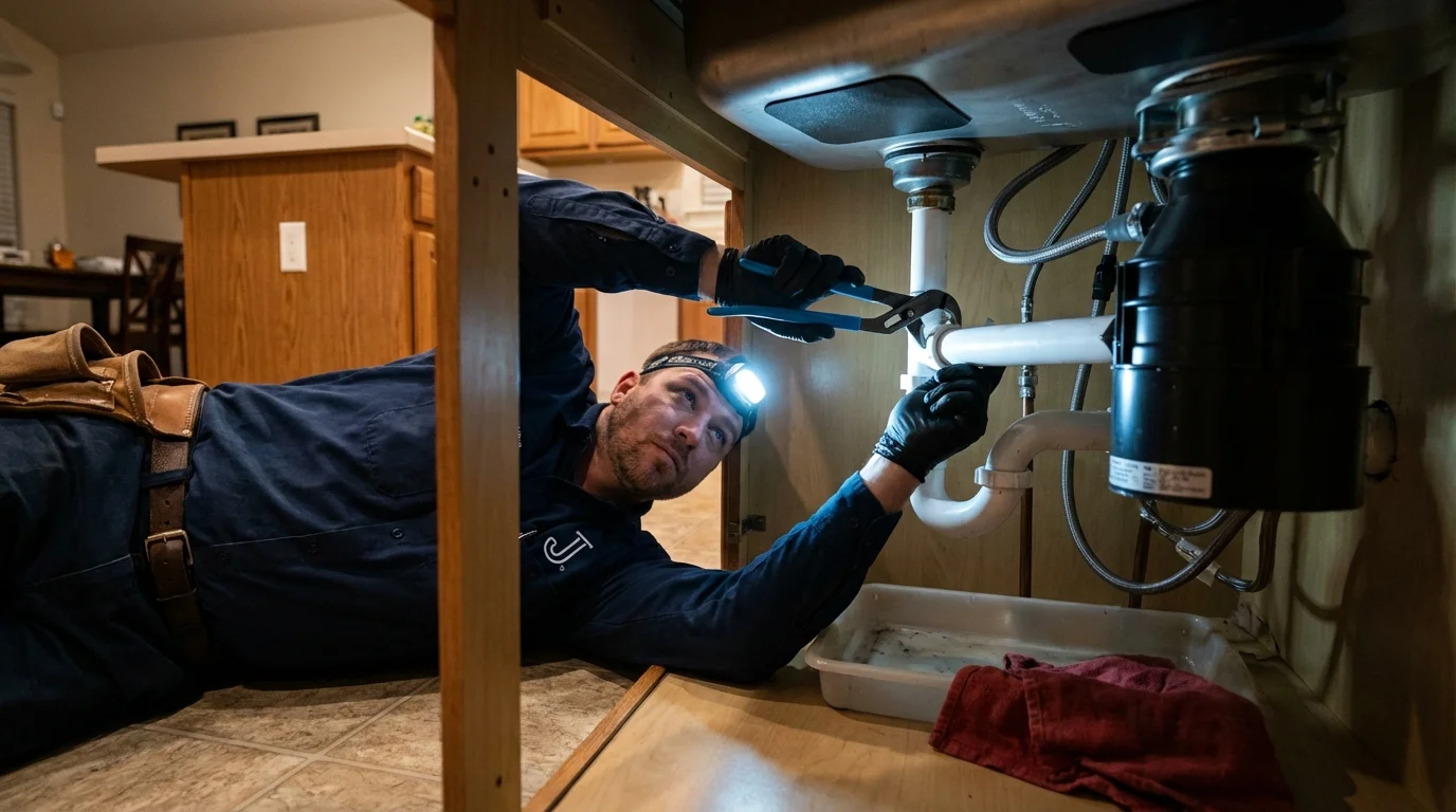 P-trap and supply line connections under a kitchen sink showing a common leak point in Devine, TX